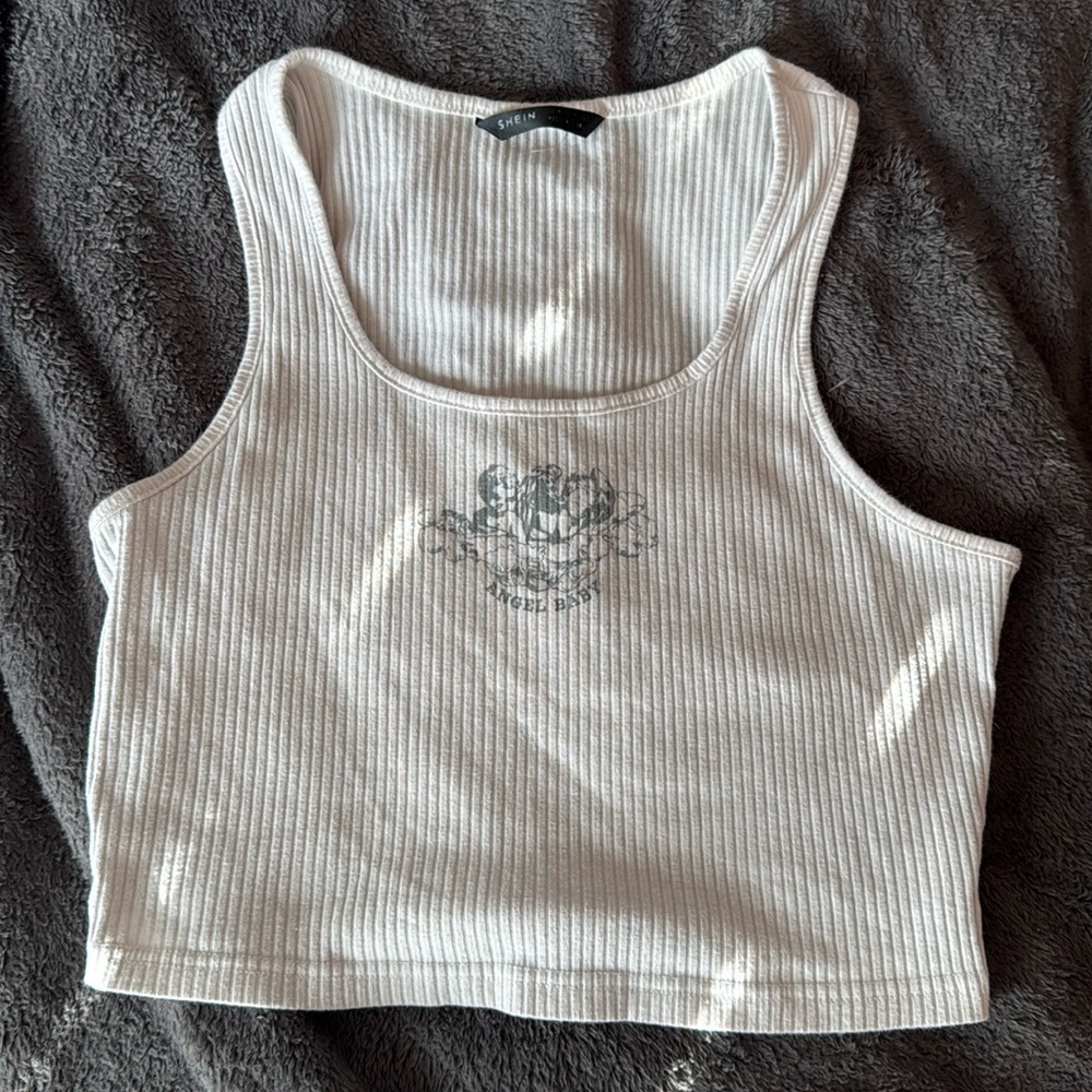 SHEIN white and blue “Angel Baby” tank top, Size Medium, ribbed